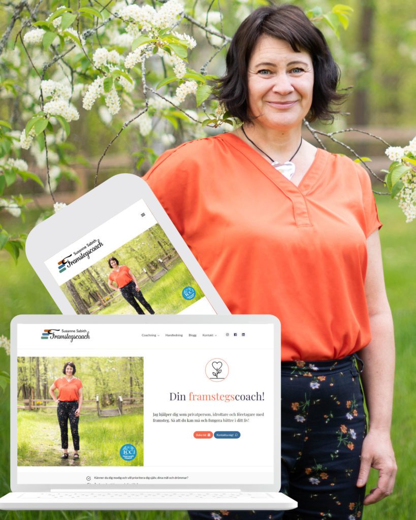 Susanne Sabith, Framstegscoach, är en av Åkerblom Kommunikations kunder. På bilden syns ett collage där Susanne och hennes webbplats: framstegscoach.se syns både i dator och mobil.